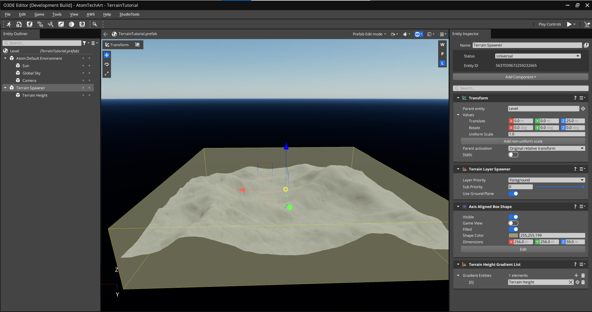 Illustration of the level with an untextured terrain added to it.