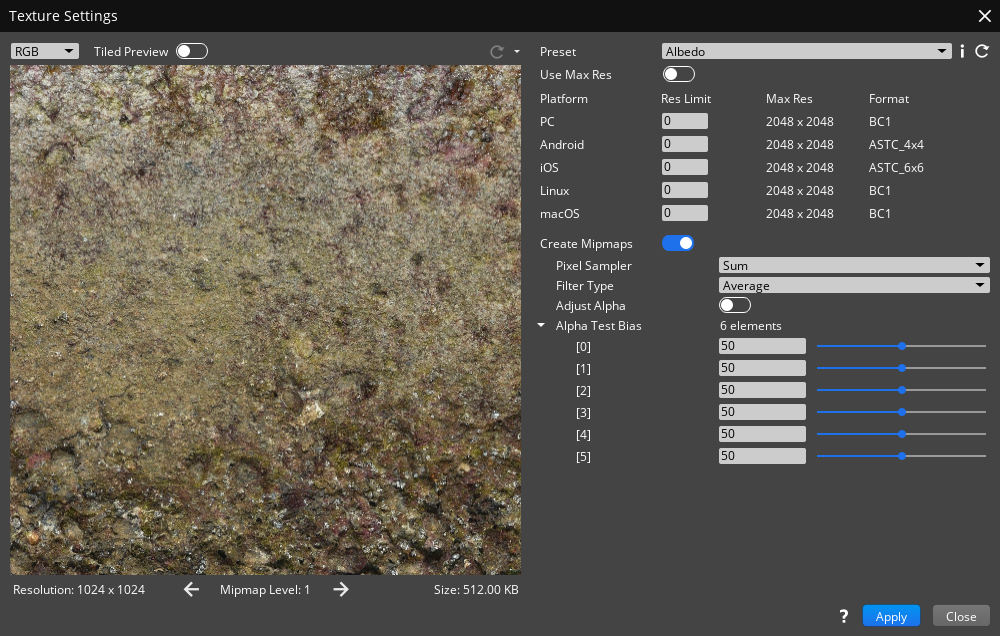 The Texture Settings user interface texture preview.
