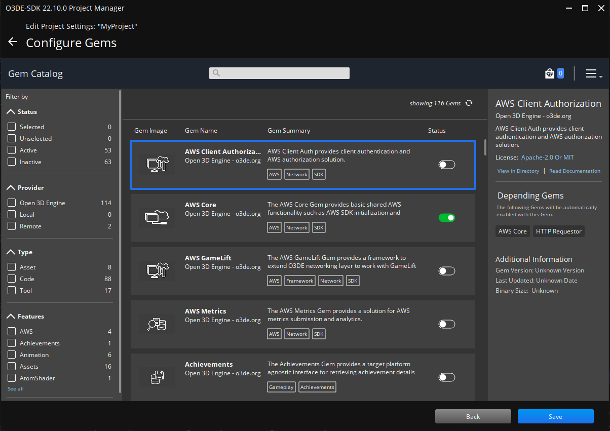Configure Gems screen.