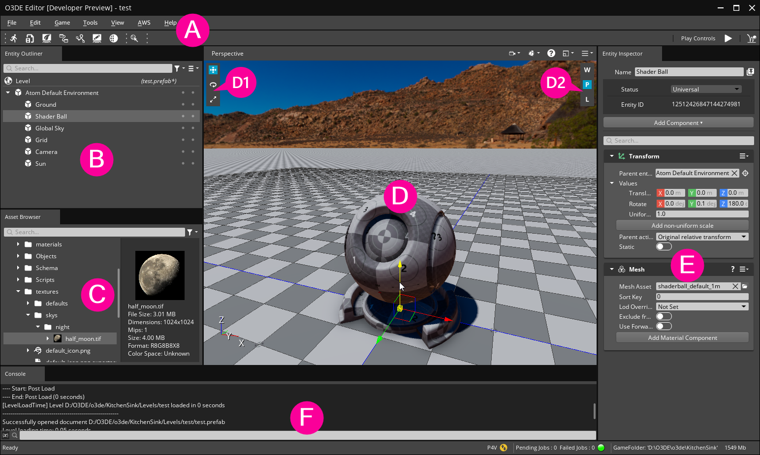 An annotated image of O3DE Editor's user interface.